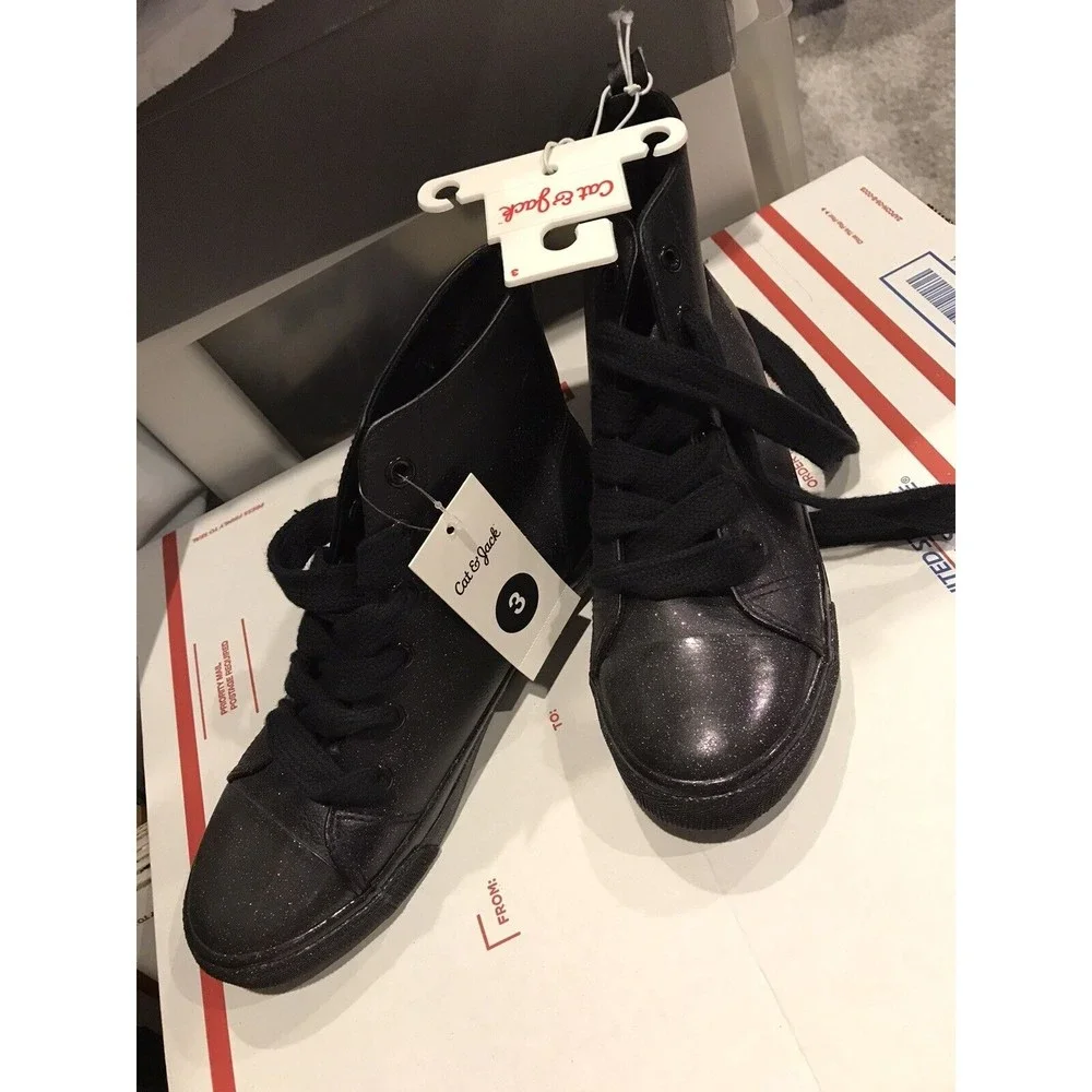 New big Girl PURPLE GLITTER Black High Top Sneakers size 3 Shoes Cat & Jack Boot